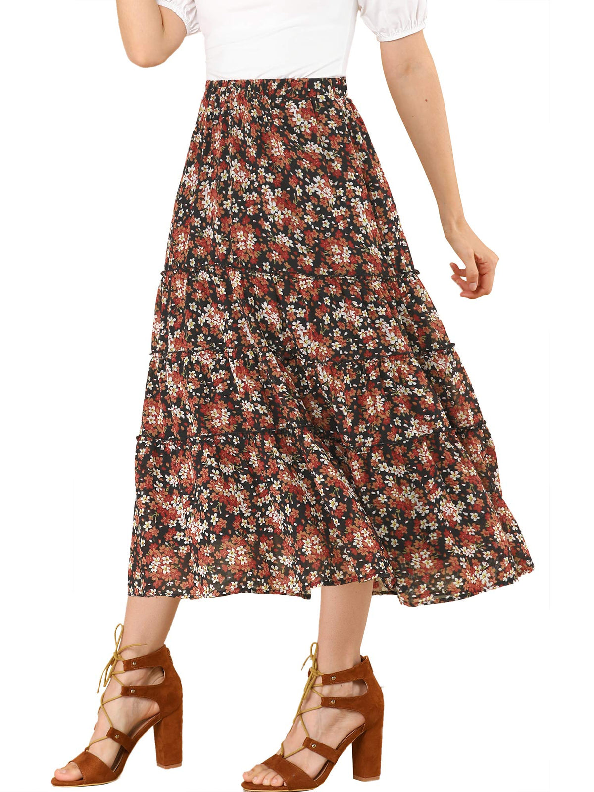 Allegra K Women's Floral Skirt Chiffon A-line Long Tiered Ruffle Maxi Skirt