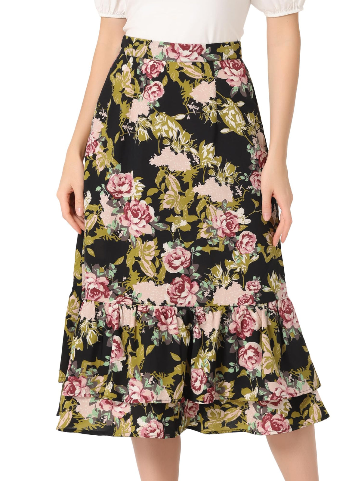 Allegra K Women's Printed Skirt Chiffon Ruffle Tiered Flowy Midi Skirts