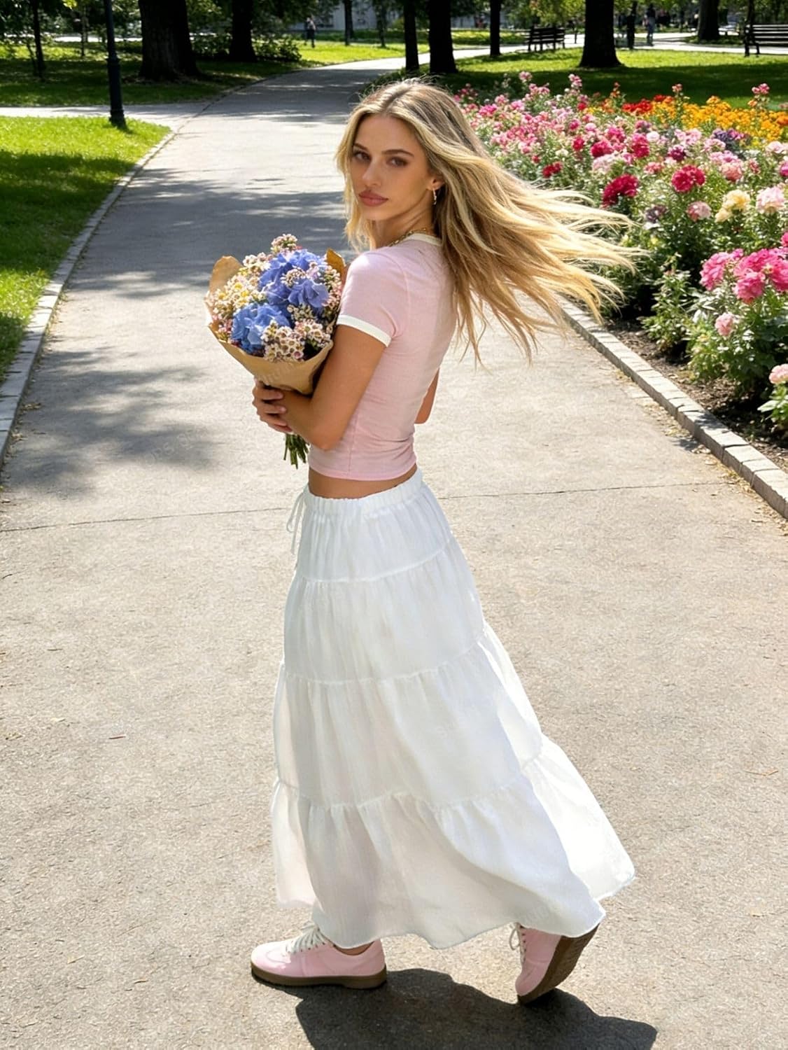Verdusa Women's Boho Flowy Ruffle Long Maxi Skirt Summer Beach Outfits