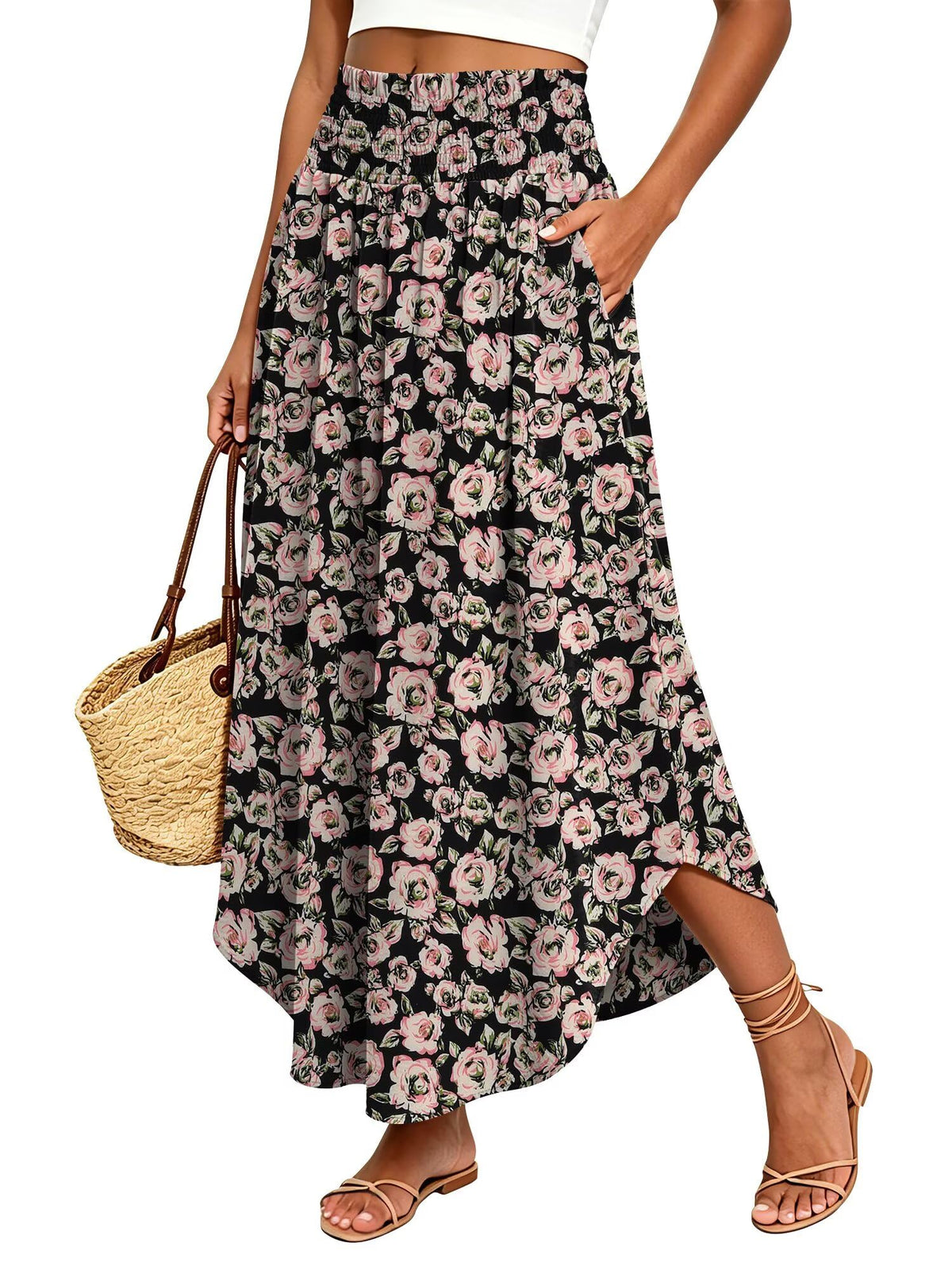 StunShow Women's Maxi Skirts Boho High Waisted Flowy A Line Pleated Beach Long Skirt with Pockets(S-XXL)