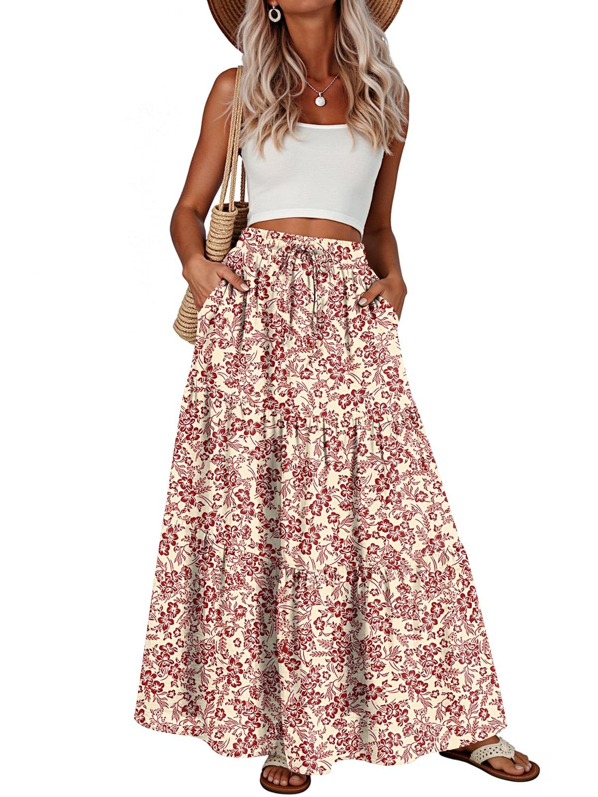 Addtoo Womens Maxi Skirt Pleated Tiered A-Line Elastic Waist Midi Skirt