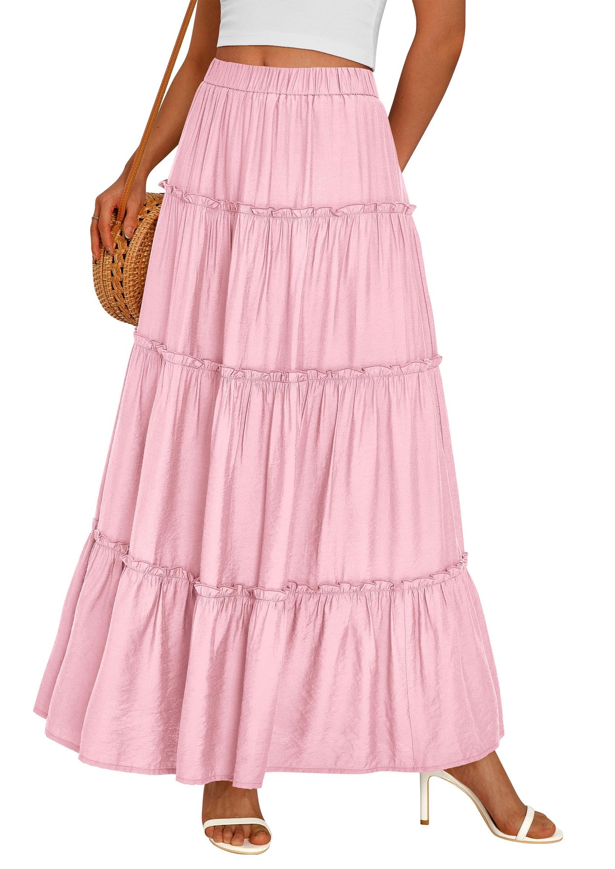 PRETTYGARDEN Women's Boho Tiered Ruffle Flowy Maxi Skirt