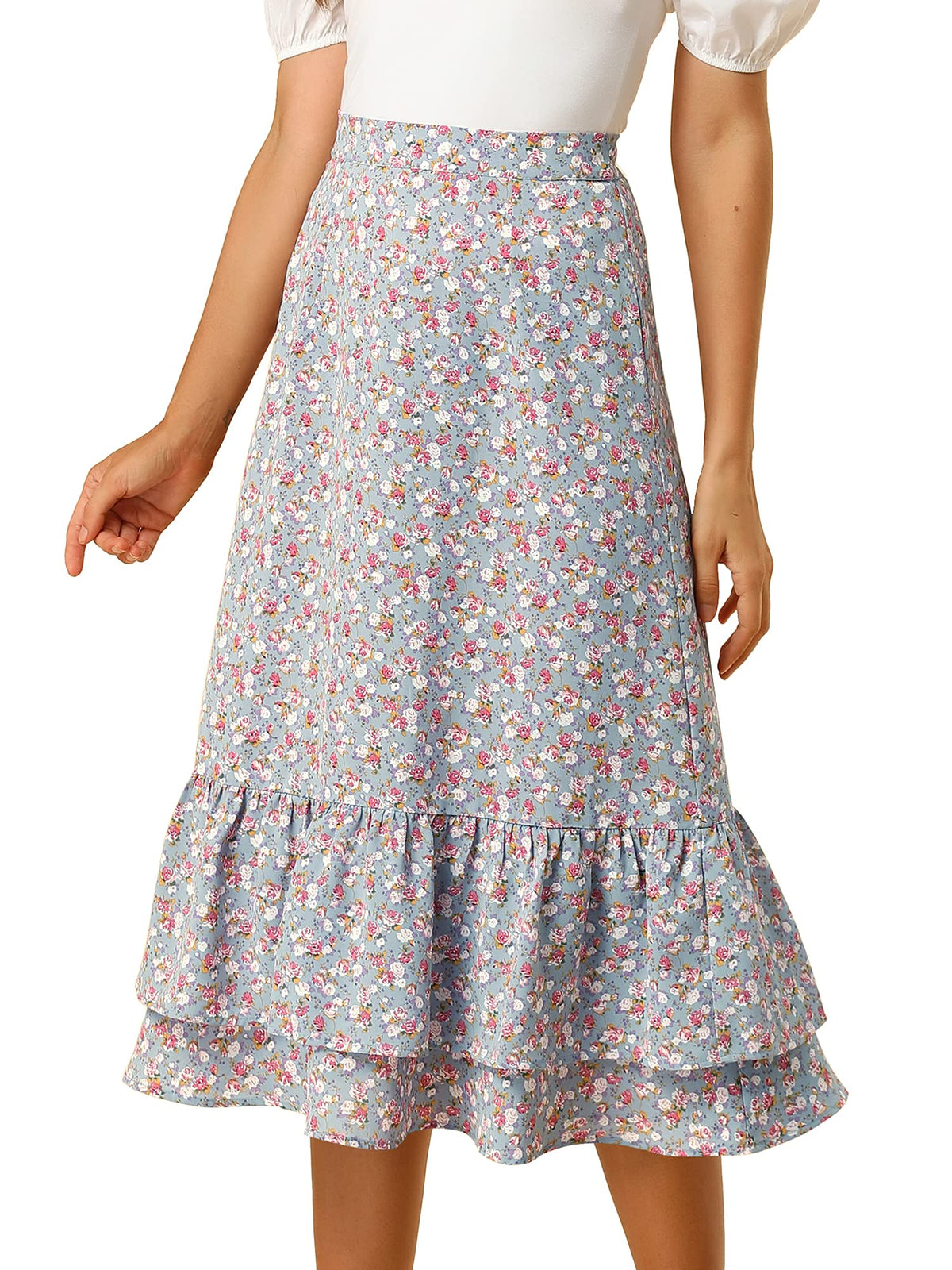 Allegra K Women's Printed Skirt Chiffon Ruffle Tiered Flowy Midi Skirts