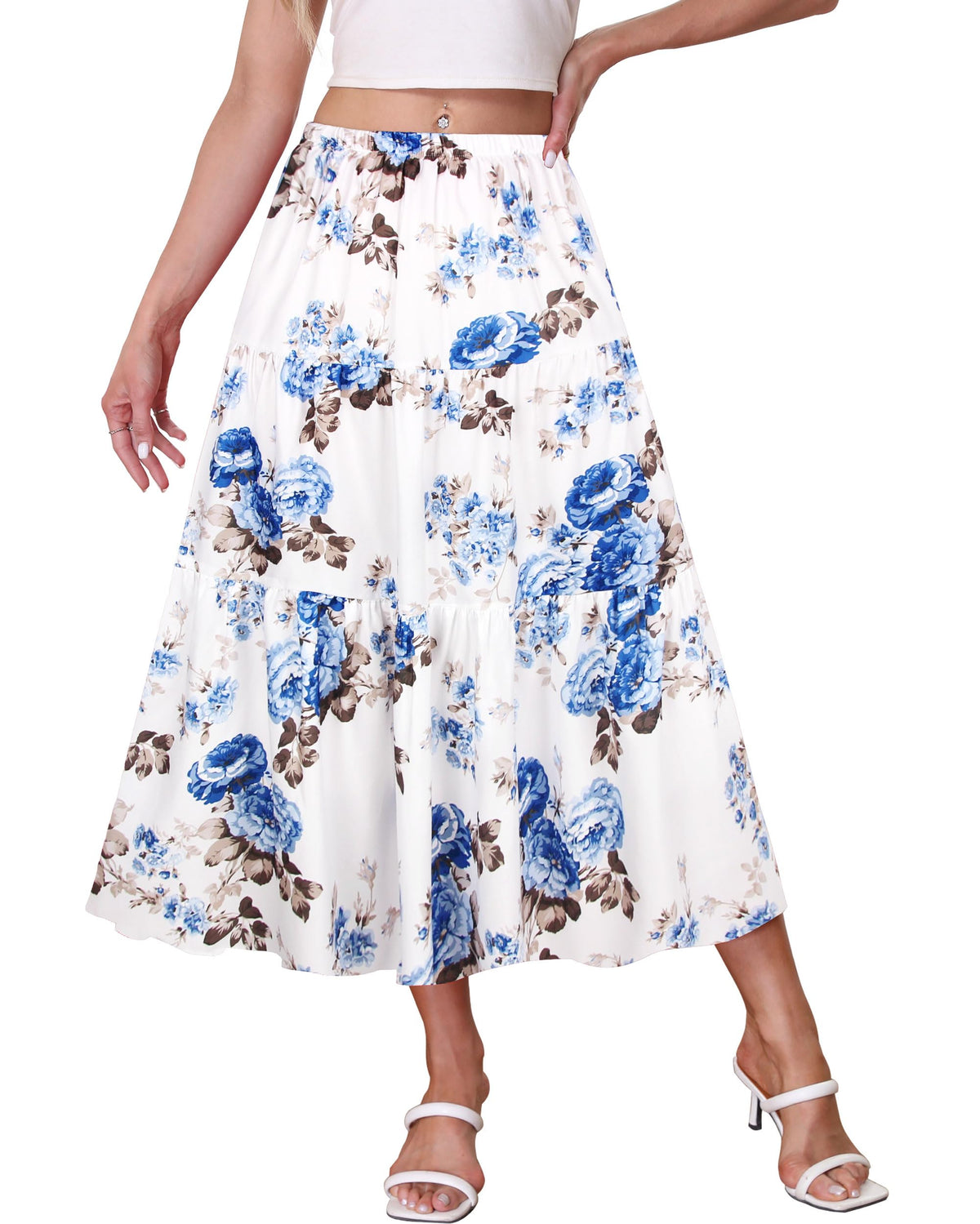Kingfancy Women's Boho Midi Skirt A-Line Flowy Skirts
