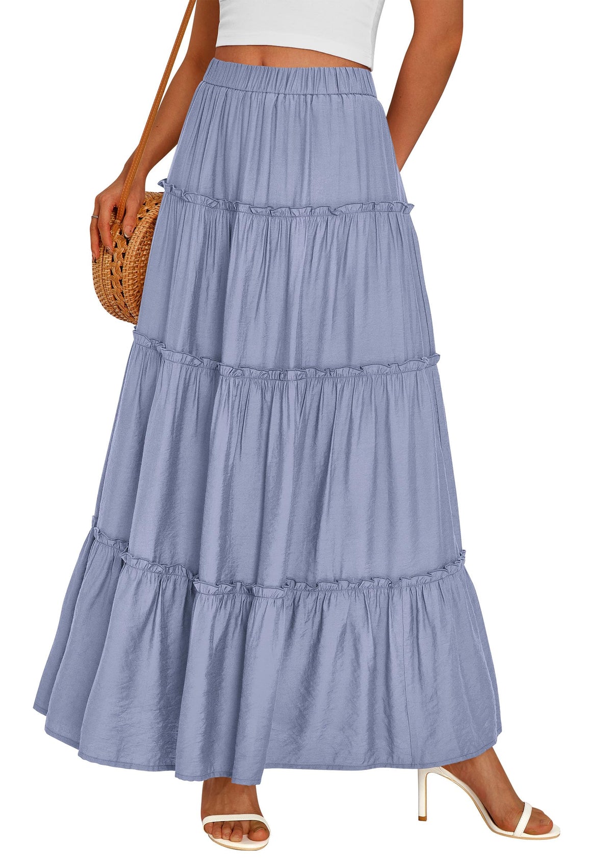 PRETTYGARDEN Women's Boho Tiered Ruffle Flowy Maxi Skirt