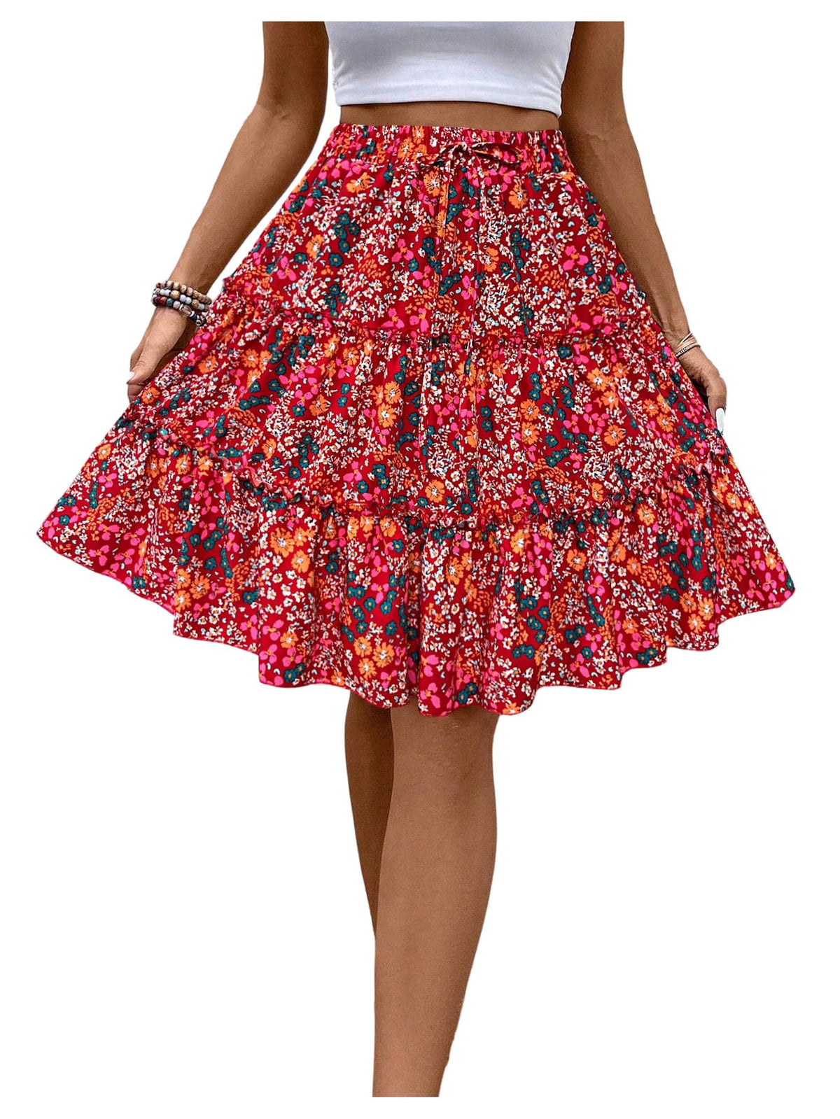 Verdusa Women's Boho Floral Tiered Ruffle Skirts Flowy Flared Summer Knee Length Midi Skirt