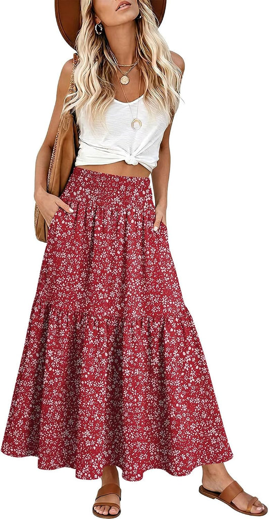 StunShow Women's Maxi Skirts Boho High Waisted Flowy A Line Pleated Beach Long Skirt with Pockets(S-XXL)