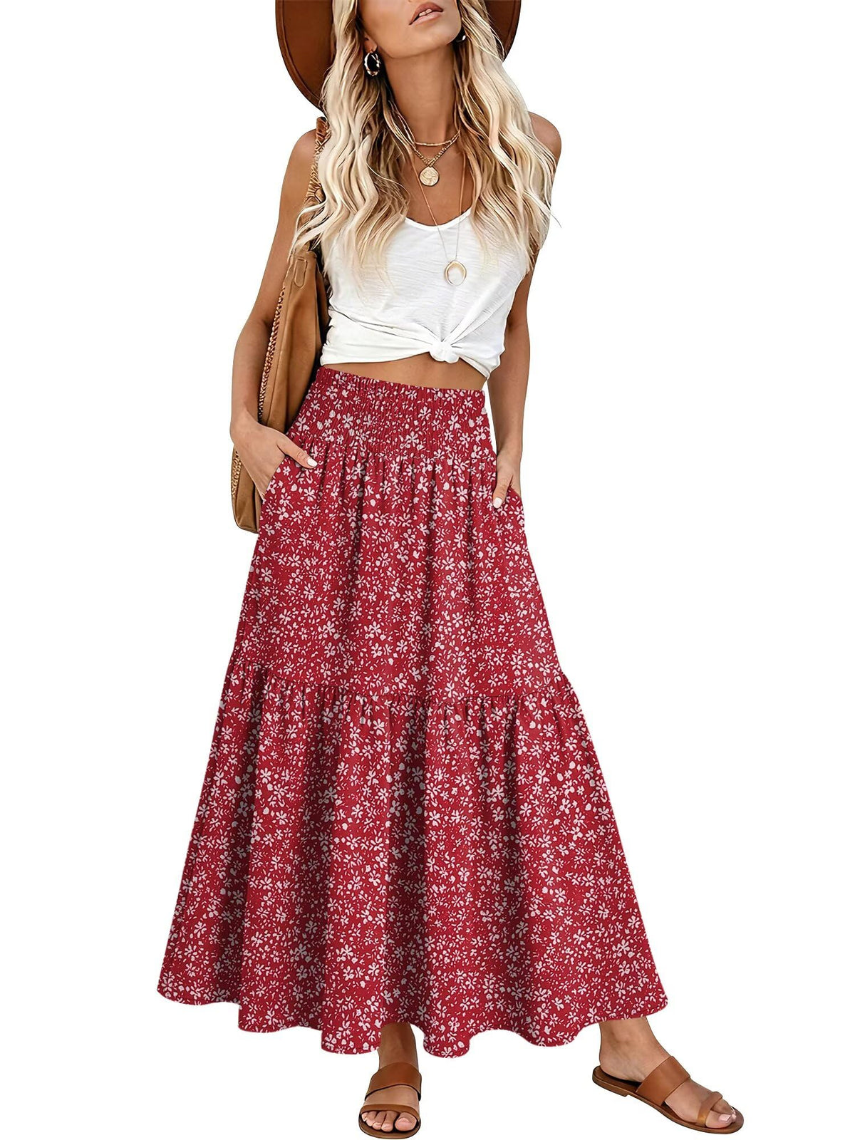 StunShow Women's Maxi Skirts Boho High Waisted Flowy A Line Pleated Beach Long Skirt with Pockets(S-XXL)