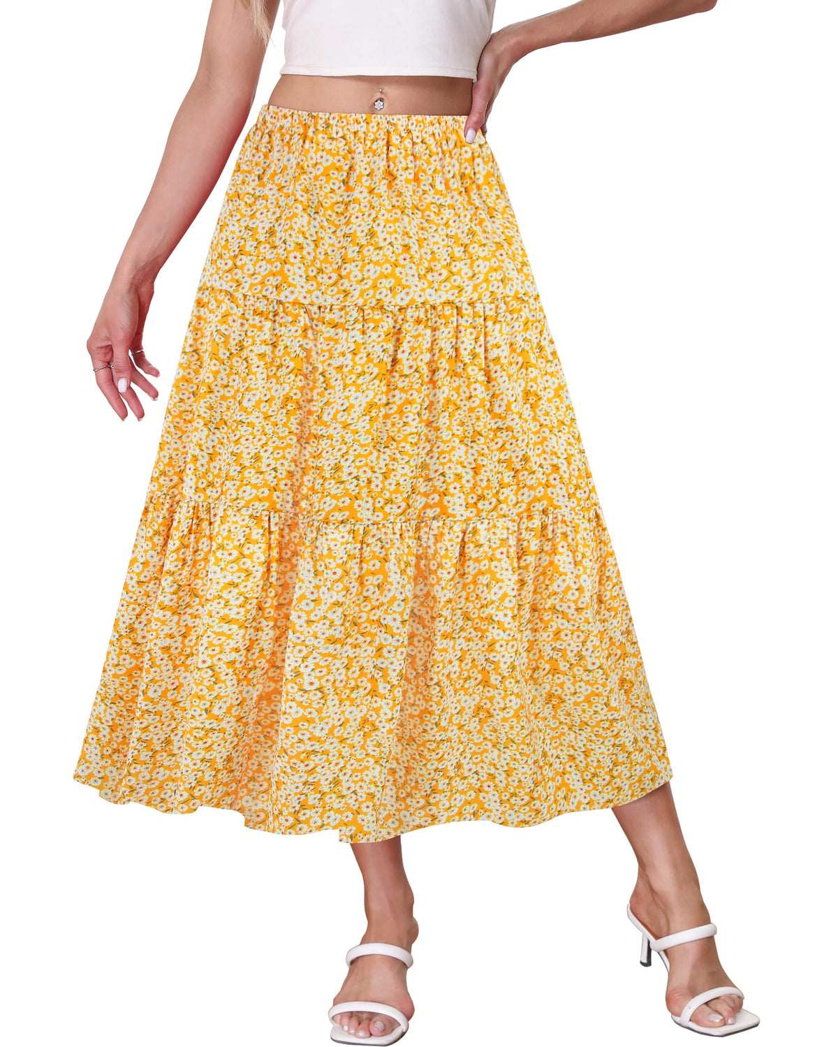 Kingfancy Women's Boho Midi Skirt A-Line Flowy Skirts