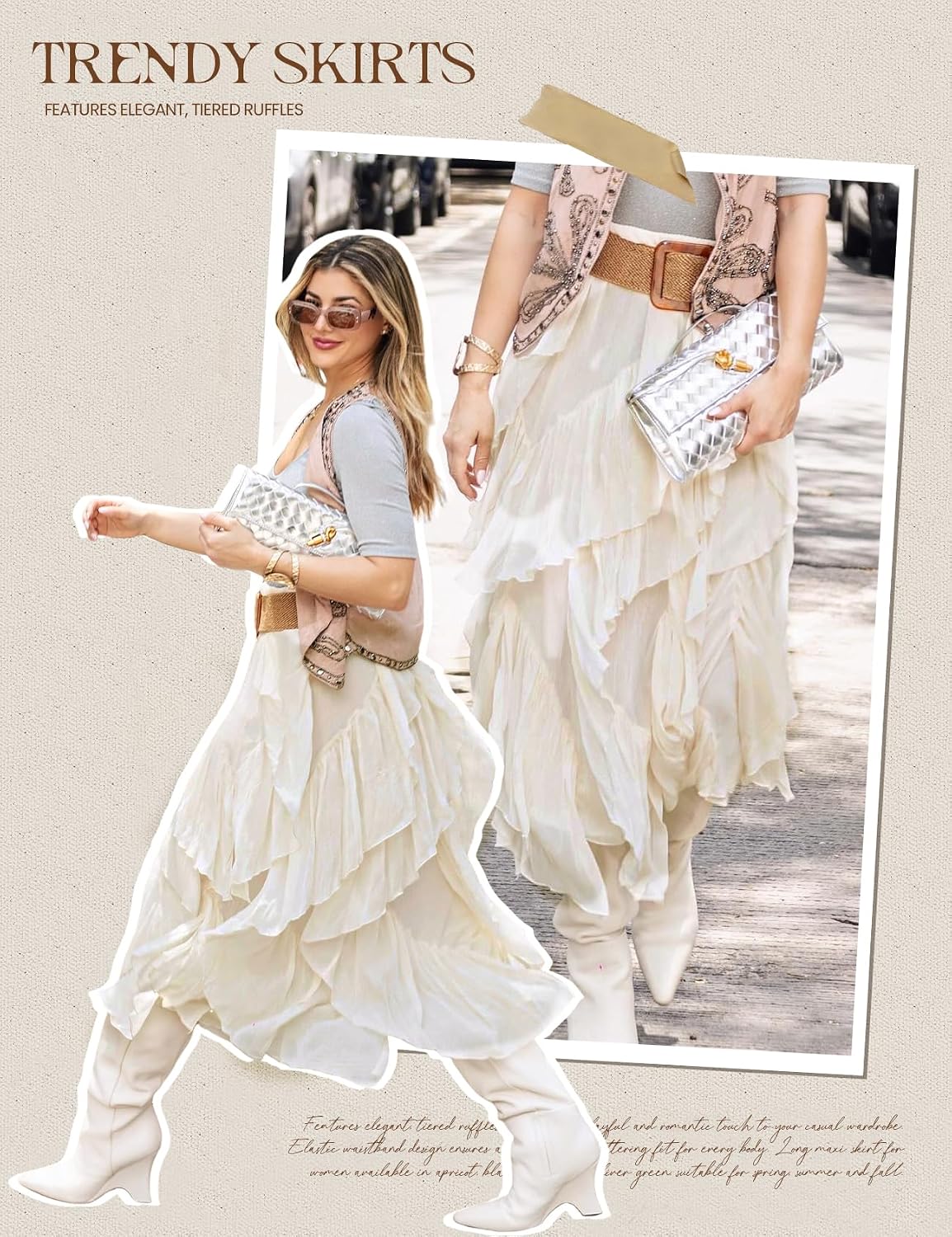Women's Ruffle Maxi Skirt Long Flowy Layered Skirts Tiered Trendy Skirt