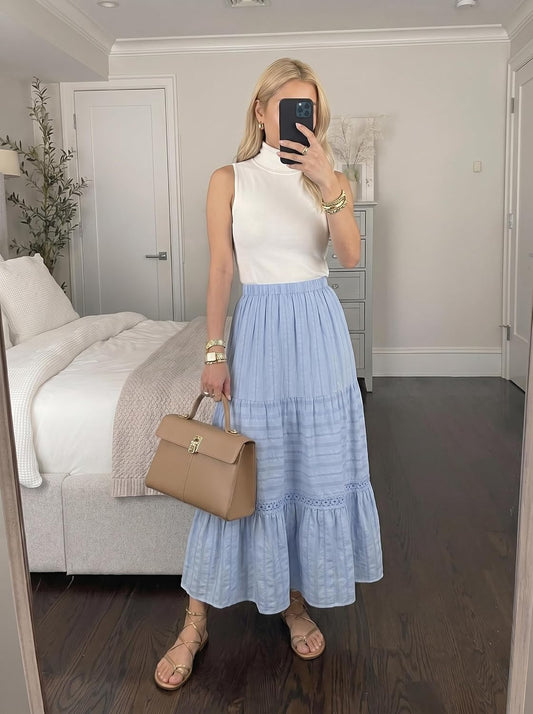 BLENCOT Women's Boho Tiered High Waisted Cotton Long Flowy Skirt
