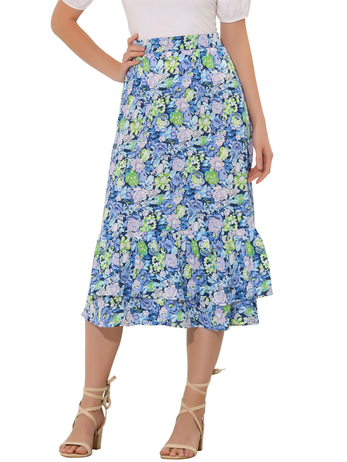 Allegra K Women's Printed Skirt Chiffon Ruffle Tiered Flowy Midi Skirts