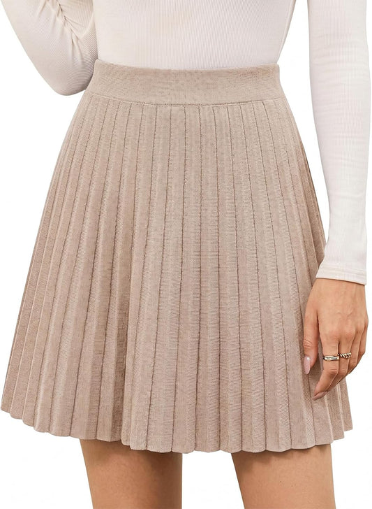 Yusongirl Women Mini Knit Pleated Skirt A Line Elastic High Waist