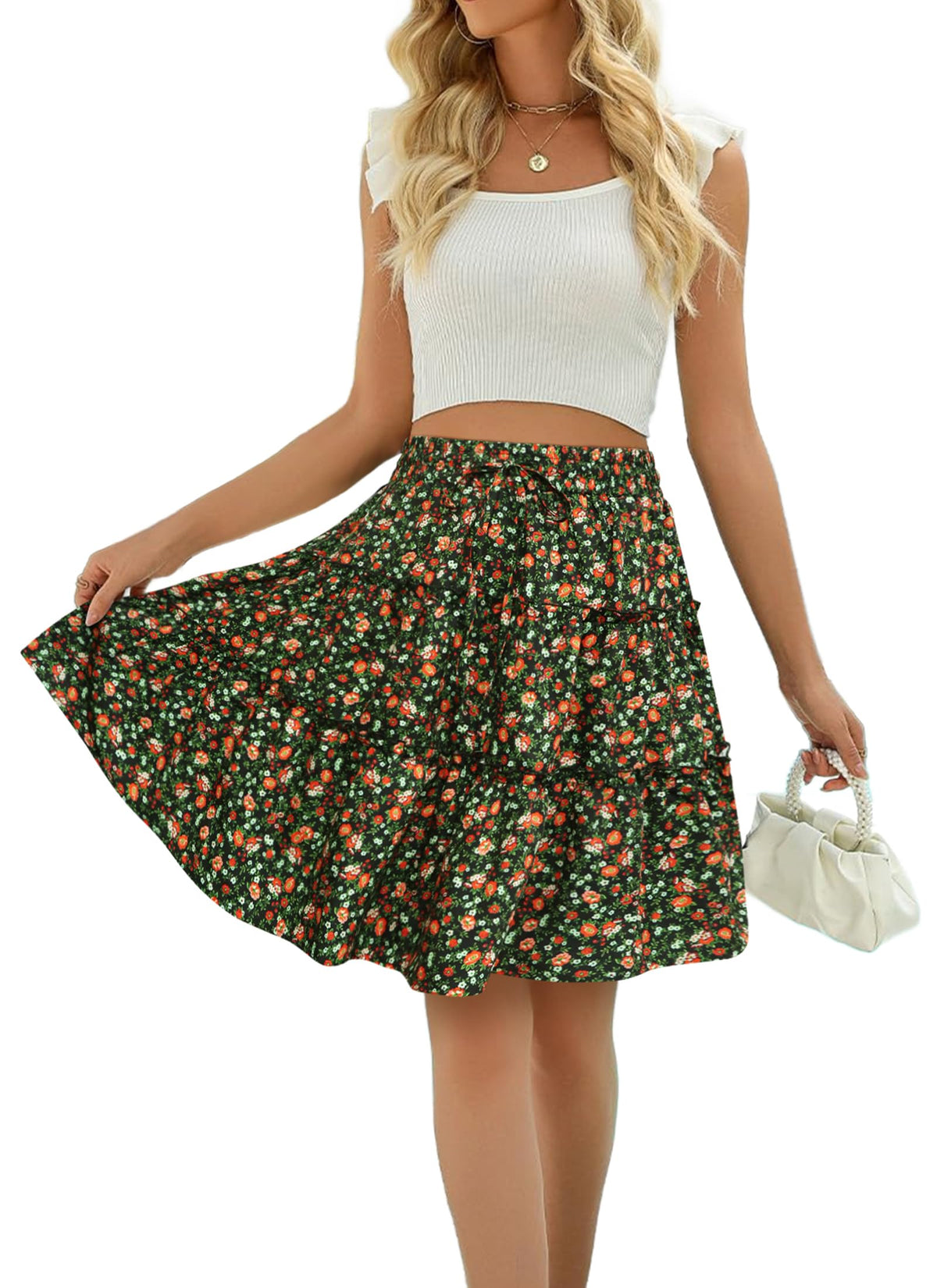 Women Summer A Line Skirt Flared Mini Elastic Waist Boho Beach Skirts