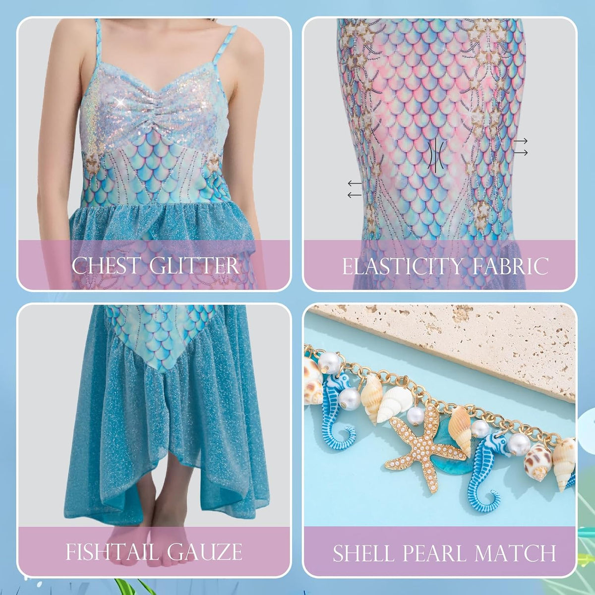 5PCS Mermaid Costume for Women Include Mermaid Dress Shell Necklace Bracelet Starfish Hairclip for Party Halloween