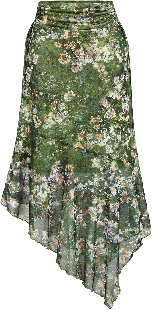 Narecte Boho Floral Ruched Asymmetrical Skirt Womens Midi Skirt