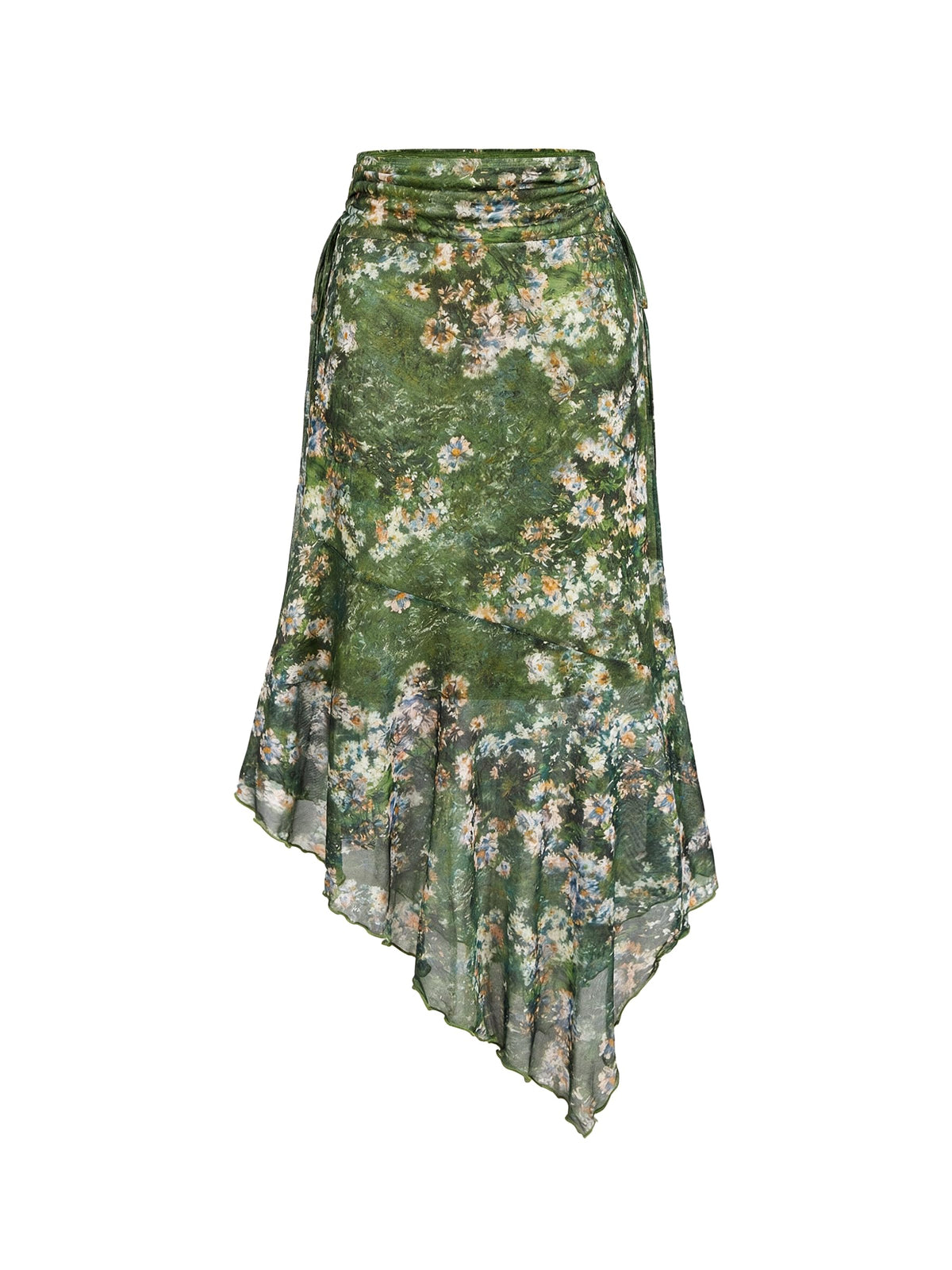 Narecte Boho Floral Ruched Asymmetrical Skirt Womens Midi Skirt