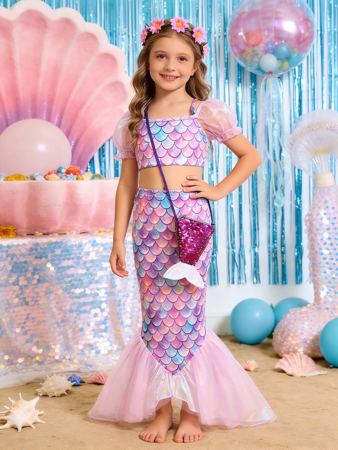 5Pcs Girls Fishscale Swimwear Sets Kids Tankini Swimsuits with Cover up Play Costume