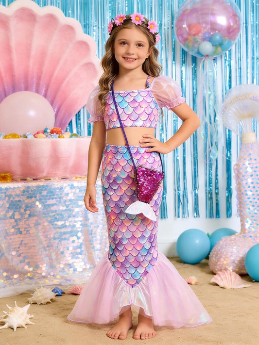 5Pcs Girls Fishscale Swimwear Sets Kids Tankini Swimsuits with Cover up Play Costume