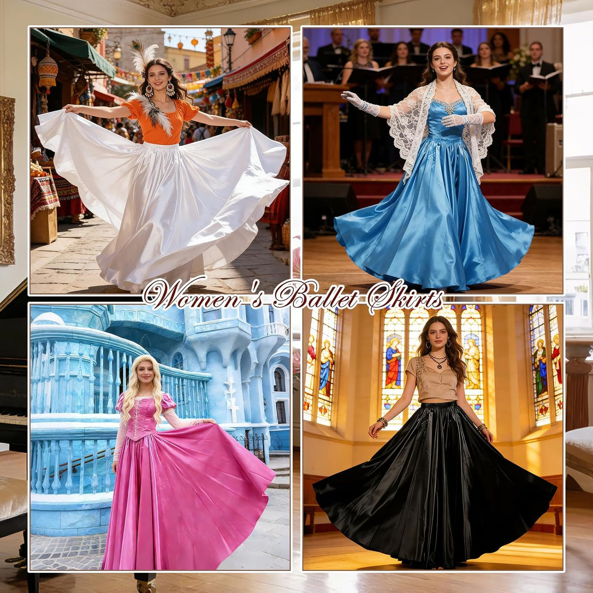 Women Satin Full Circle Ankle Length Swing Long Skirt Maxi Shiny Skirt for Party Cosplay Belly Dance Performance Costume