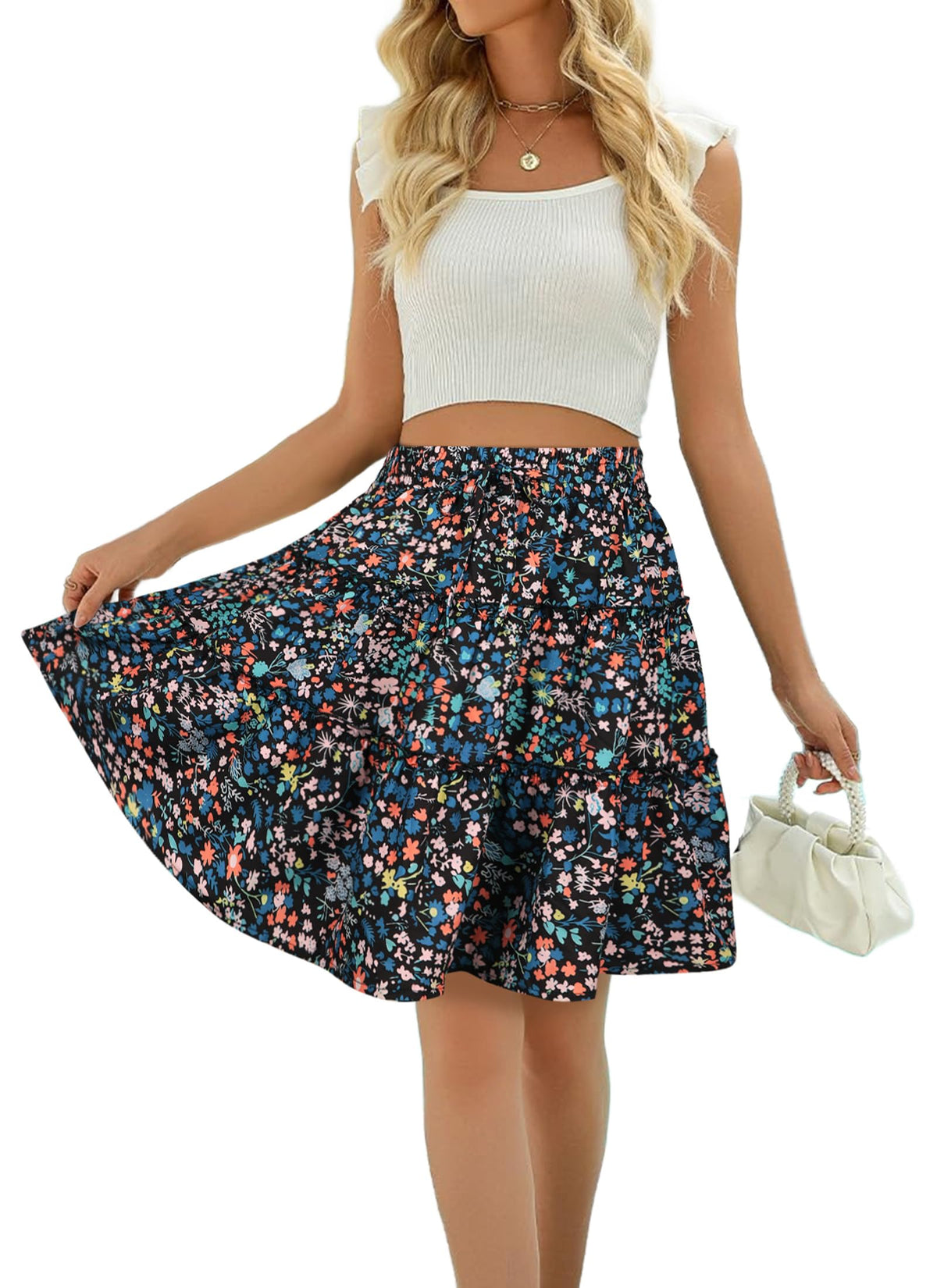 Women Summer A Line Skirt Flared Mini Elastic Waist Boho Beach Skirts