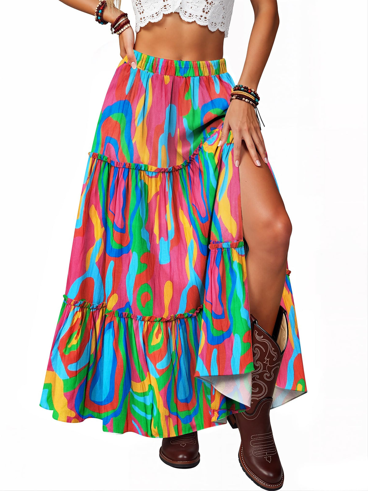 Maxi Skirts for Women 2026 Summer Side Slit Tiered Trendy Pleated Ruffle Flowy Boho Long Skirt with Pockets