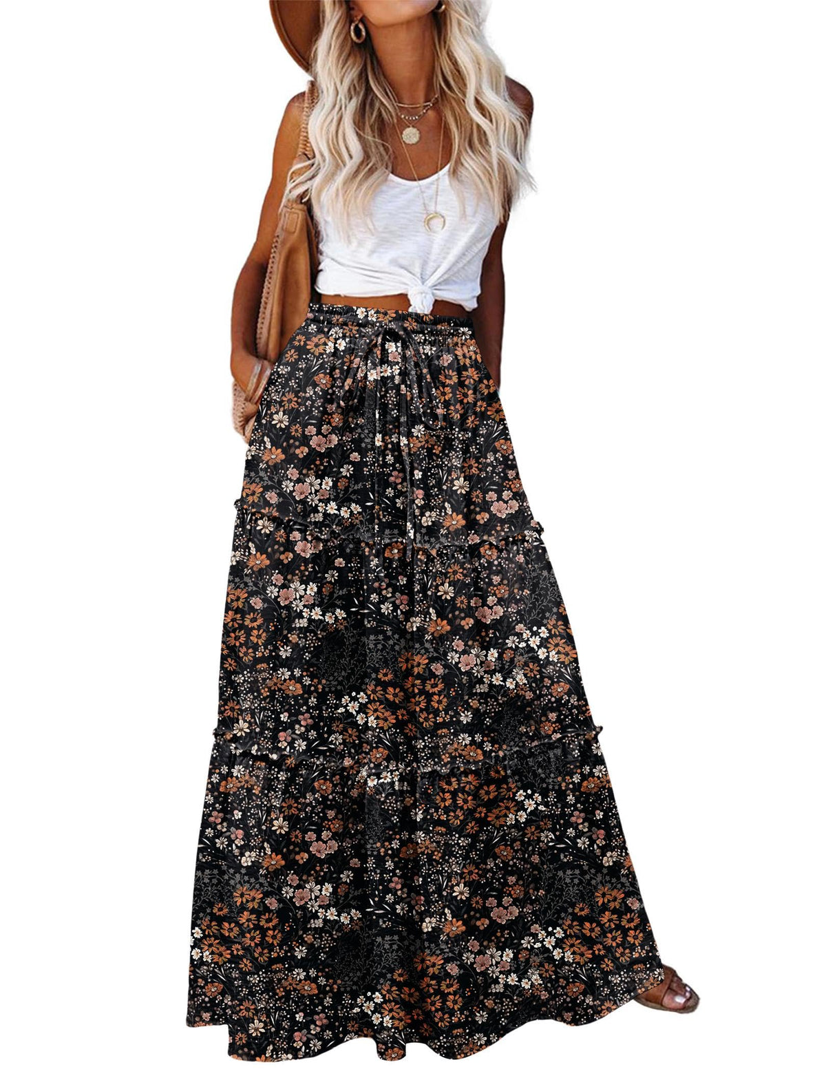 Zeagoo Womens Casual Maxi Skirts for Women 2026 High Waist Boho Skirts Floral Printed Long Flowy Skirt with Pockets