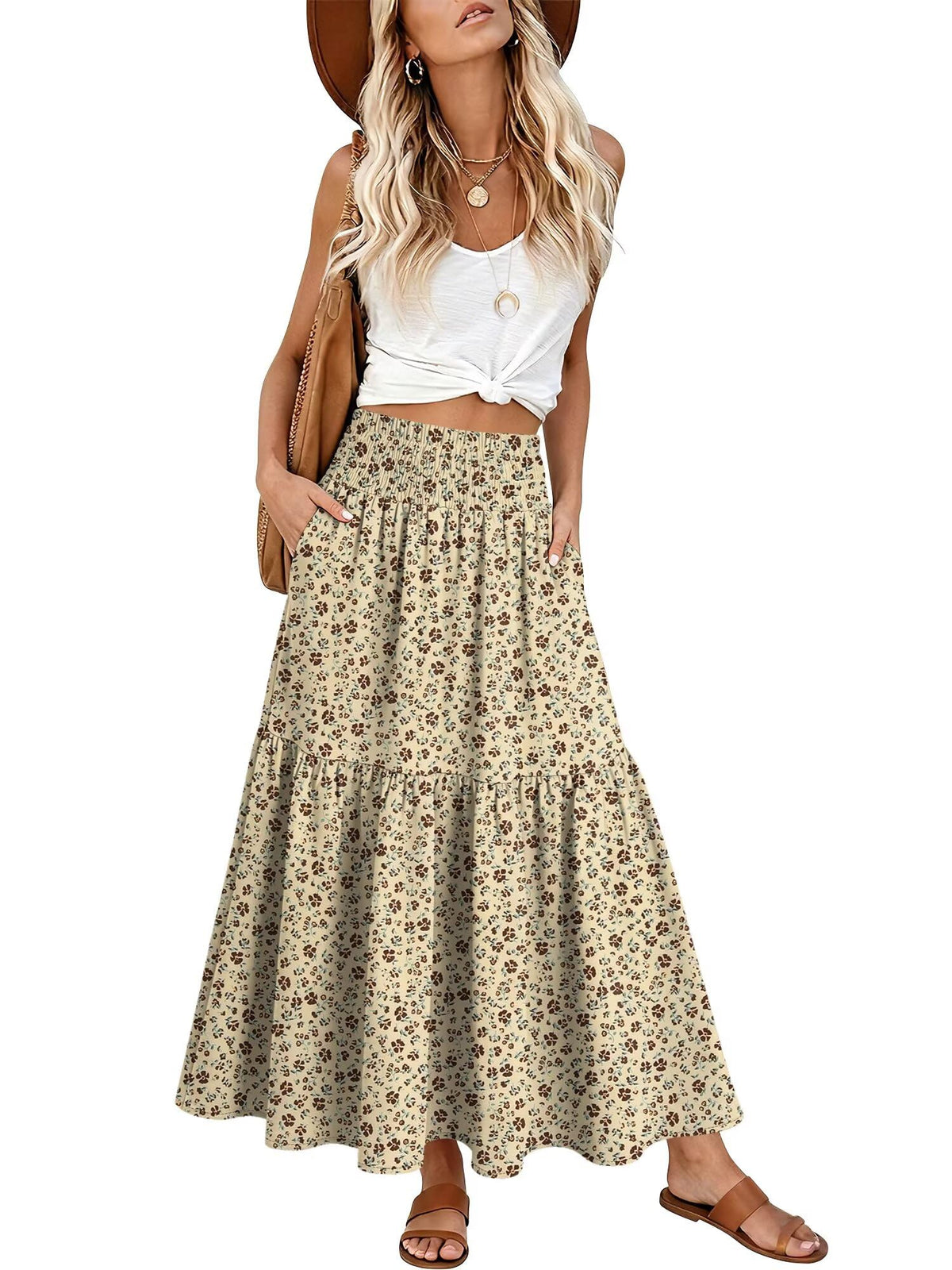 StunShow Women's Maxi Skirts Boho High Waisted Flowy A Line Pleated Beach Long Skirt with Pockets(S-XXL)