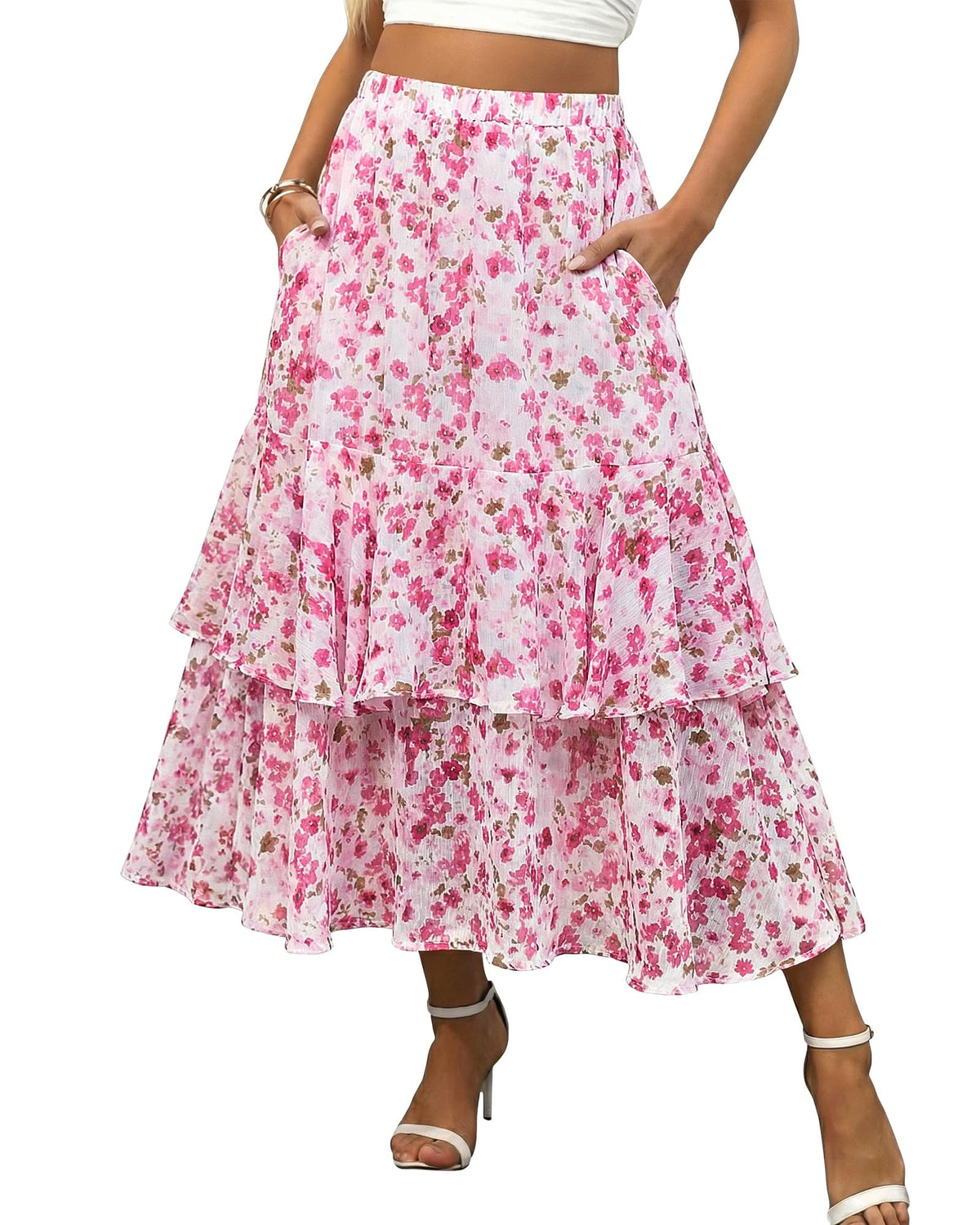 luvamia Long Skirts for Women Floral Flowy Boho Tiered Ruffle A Line Summer Chiffon Elastic Waist Maxi Skirt with Pocket