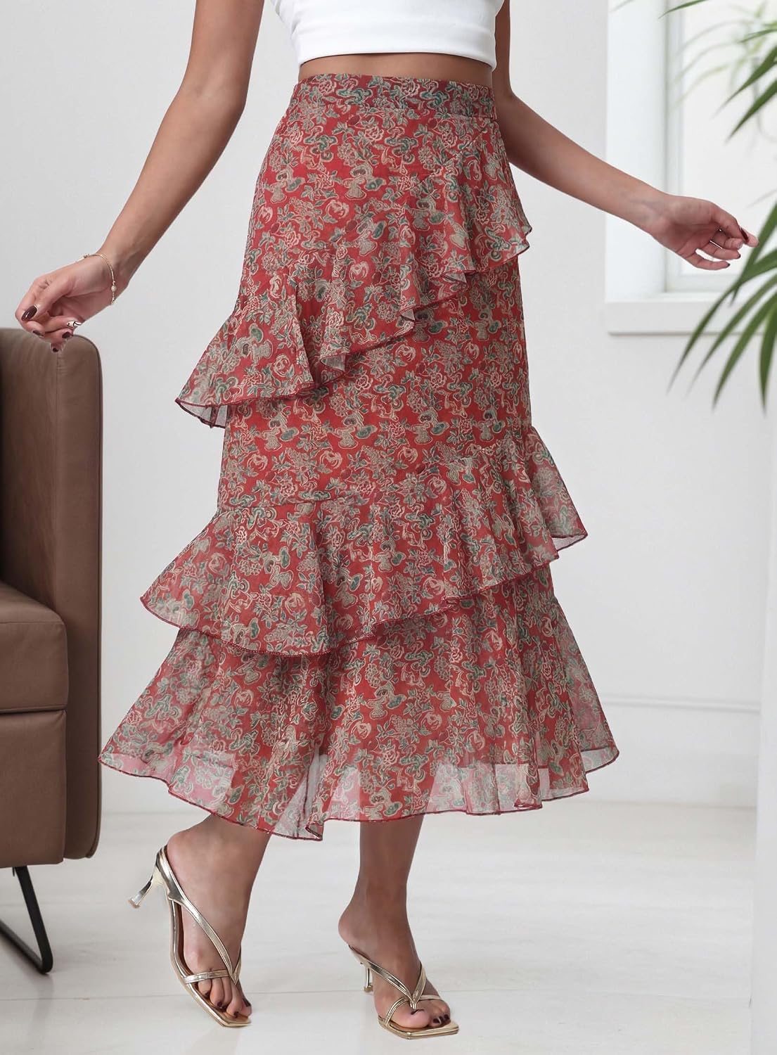 DERAX Women's Boho Floral Midi Skirt A Line Tiered Ruffle Long Skirts