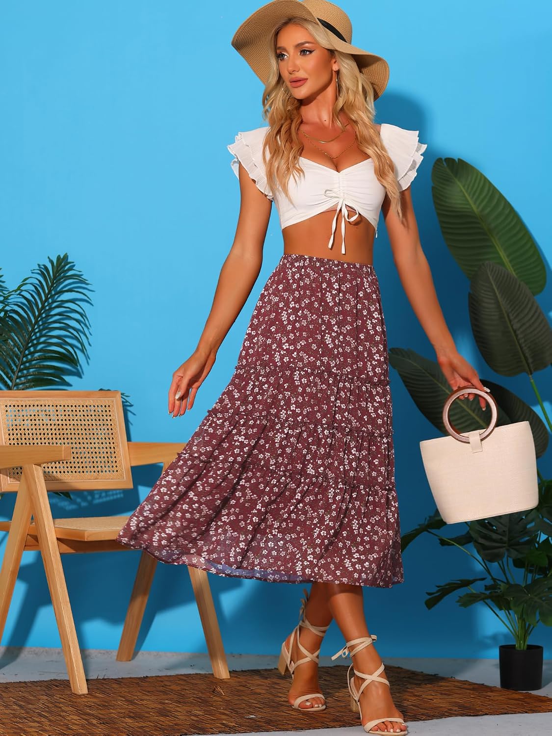 Allegra K Women's Floral Skirt Chiffon A-line Long Tiered Ruffle Maxi Skirt