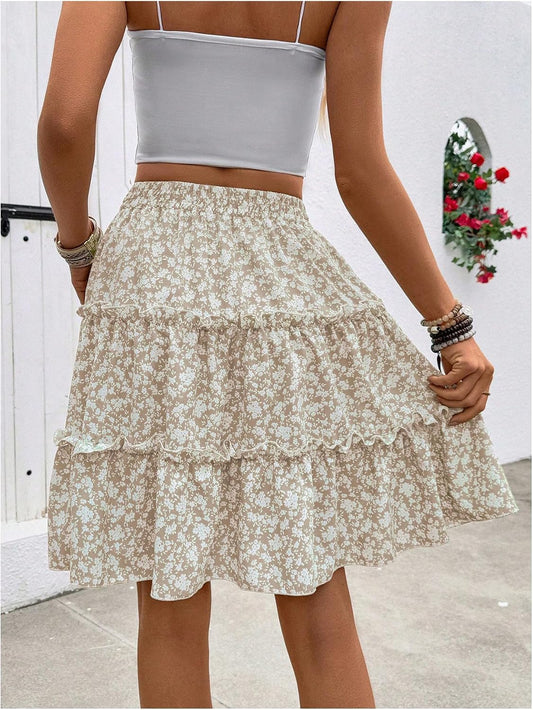 Verdusa Women's Boho Floral Tiered Ruffle Skirts Flowy Flared Summer Knee Length Midi Skirt