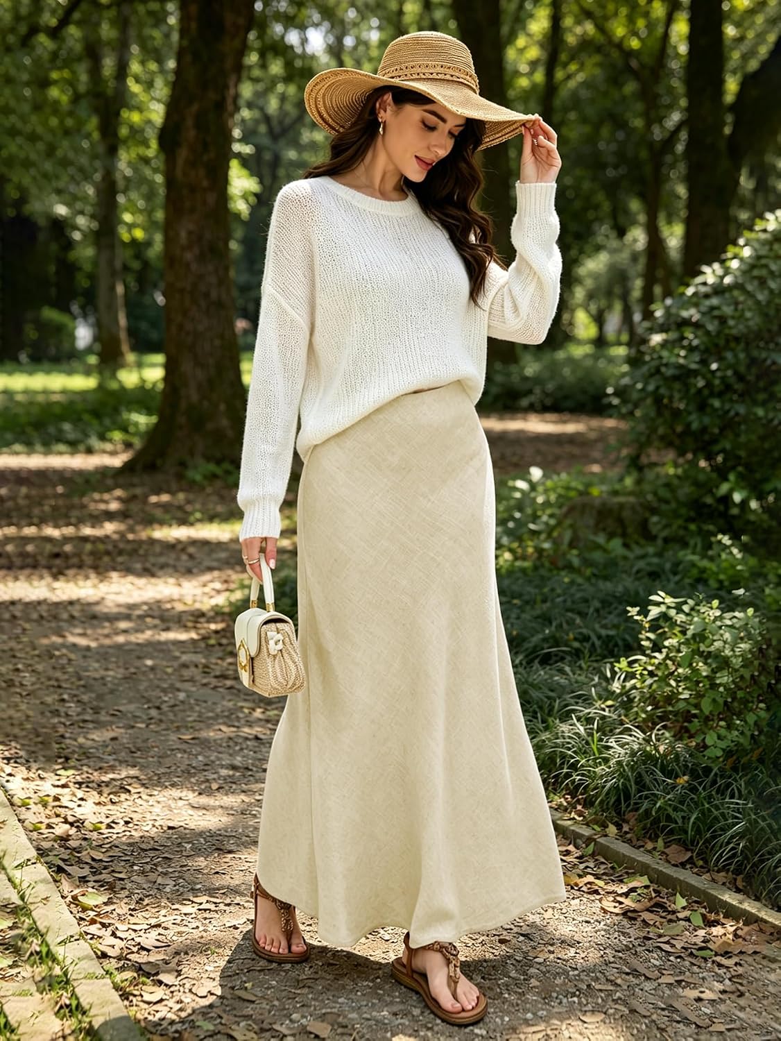 Linen Maxi Skirts Elastic Waist Flared 2026 Spring Summer White Long Linen Skirts for Women Ankle-Length Skirt