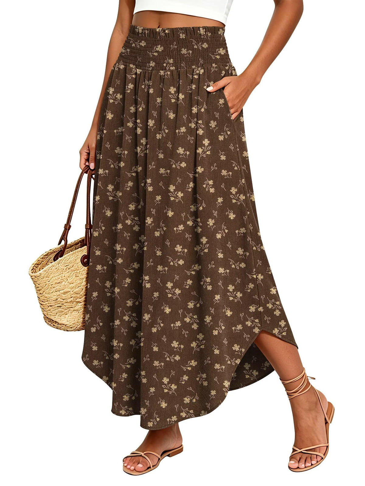 StunShow Women's Maxi Skirts Boho High Waisted Flowy A Line Pleated Beach Long Skirt with Pockets(S-XXL)