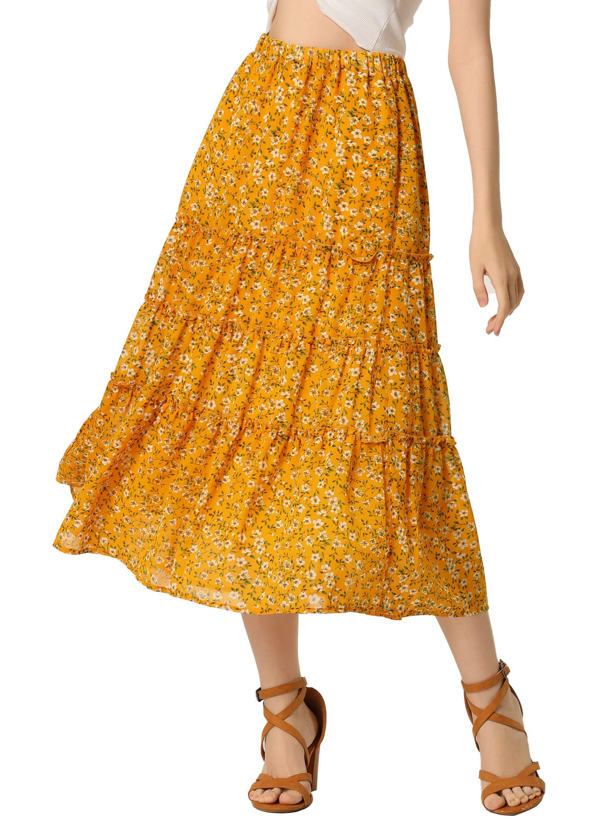 Allegra K Women's Floral Skirt Chiffon A-line Long Tiered Ruffle Maxi Skirt