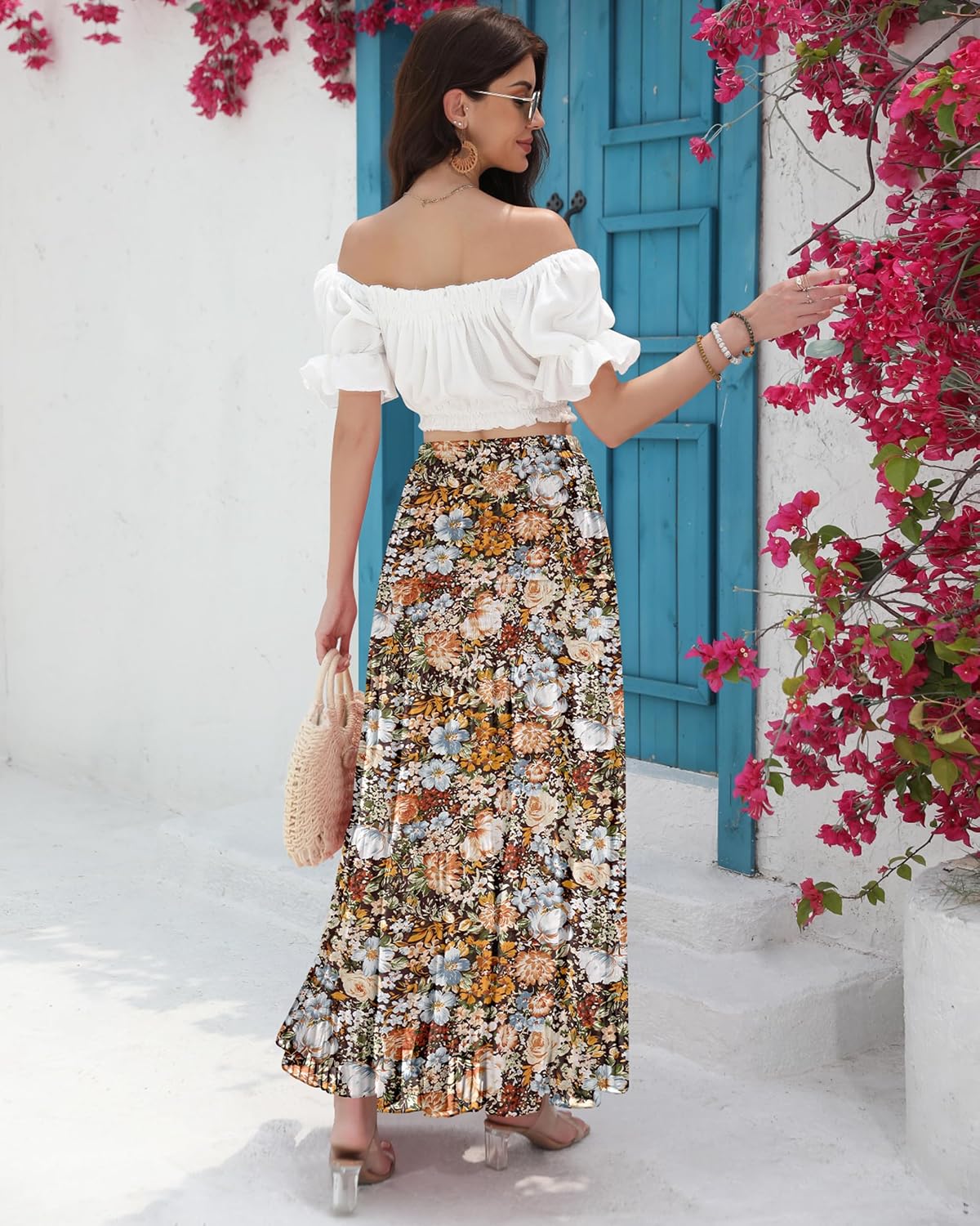 CYiNu Women's Chiffon Elastic High Waist Tiered Pleated Floral Printed A-Line Boho Long Maxi Skirts