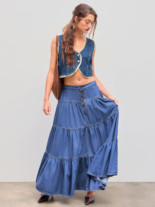 CIDER Womens Long Jean Denim Tiered Button Down High Waist Maxi Skirts