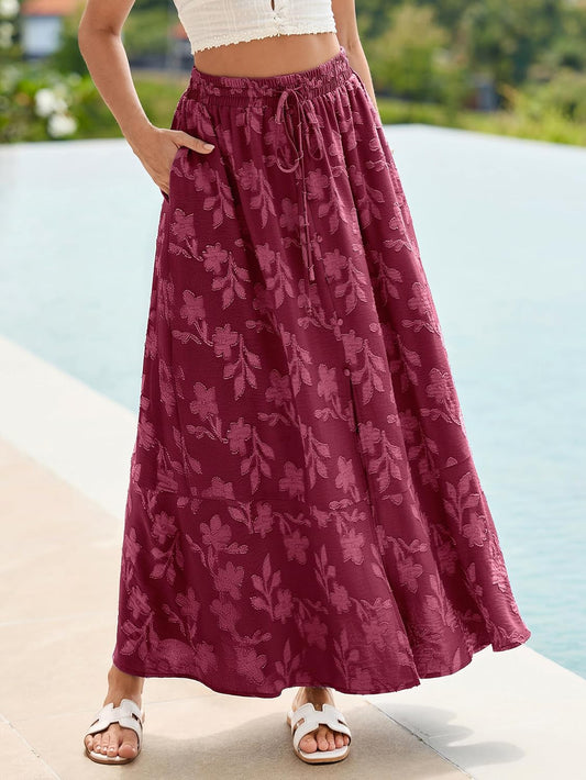 Simplee Women Summer Boho Maxi Skirts Floral High Waisted Slit Front Flowy Beach Long Skirt with Pockets