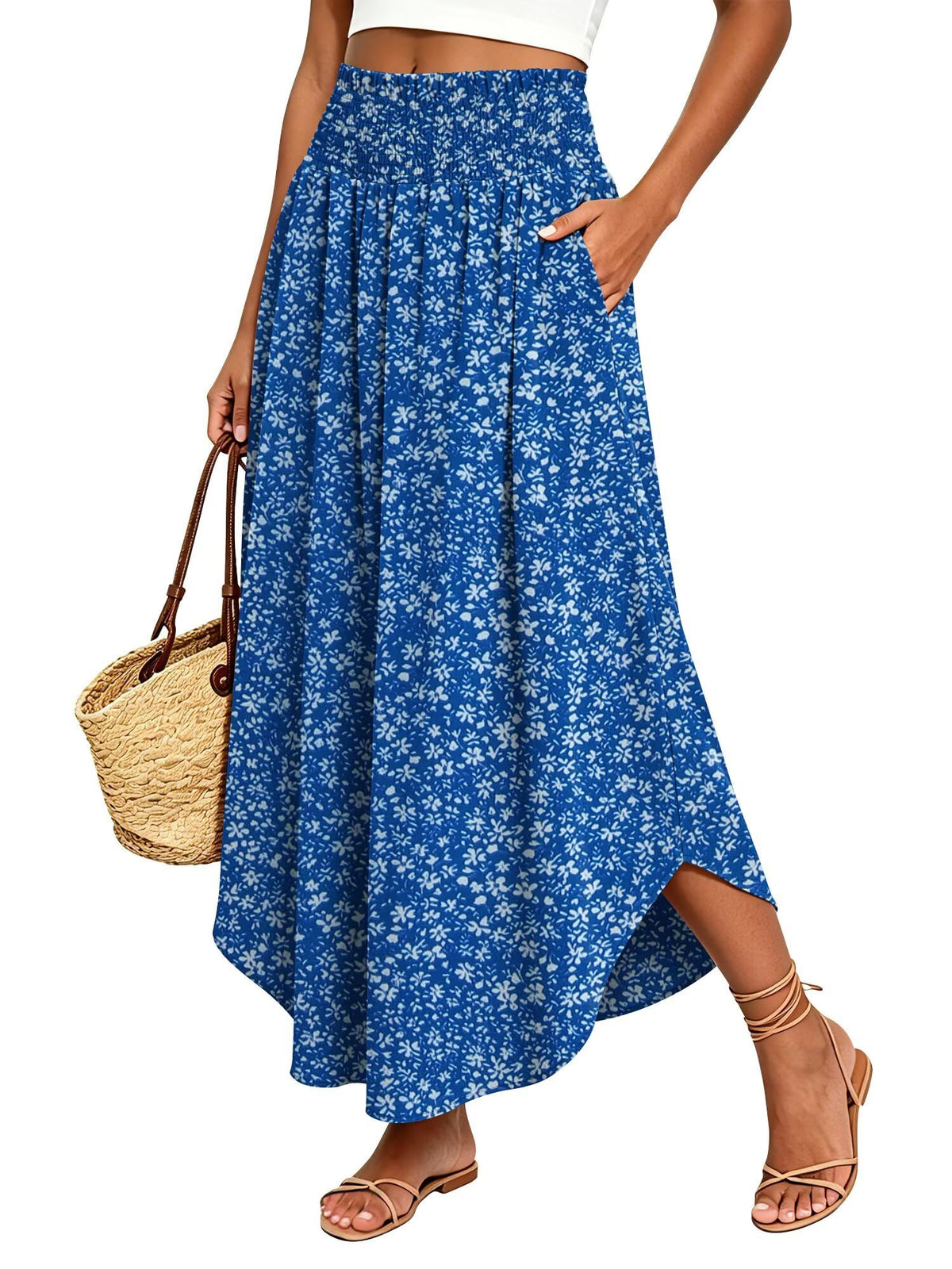 StunShow Women's Maxi Skirts Boho High Waisted Flowy A Line Pleated Beach Long Skirt with Pockets(S-XXL)