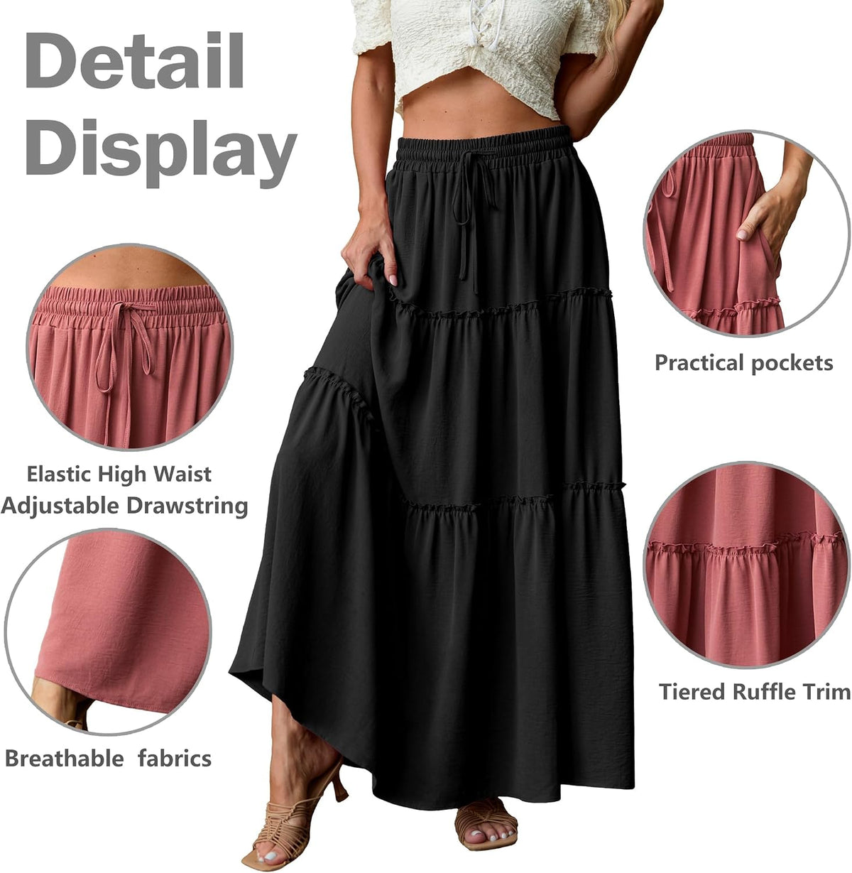 Lepunuo Womens Casual Boho High Waisted Flowy Maxi Skirts Tiered Floral Long Skirts with Pockets for Summer Beach Vacation