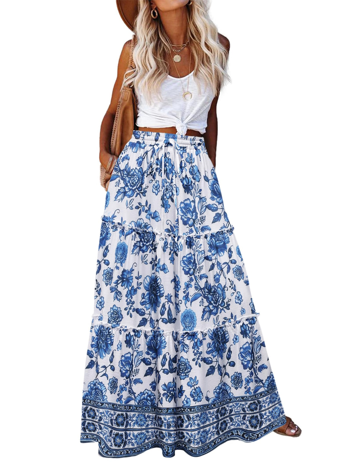 Zeagoo Womens Casual Maxi Skirts for Women 2026 High Waist Boho Skirts Floral Printed Long Flowy Skirt with Pockets