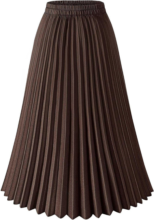 Basoteeuo Womens Skirt Leopard Print Midi Long Shirring Pleated Skirts High Waisted A Line Skirts
