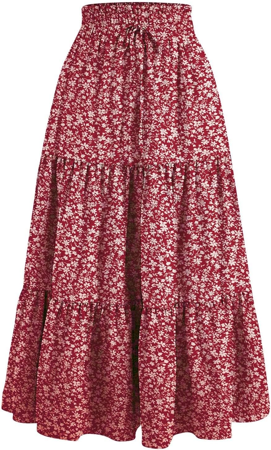 Boho Long Skirts for Women Summer Flowy Pleated A Line Floral Maxi Skirt Y2k Comfy Tiered Elastic High Waisted Skirts