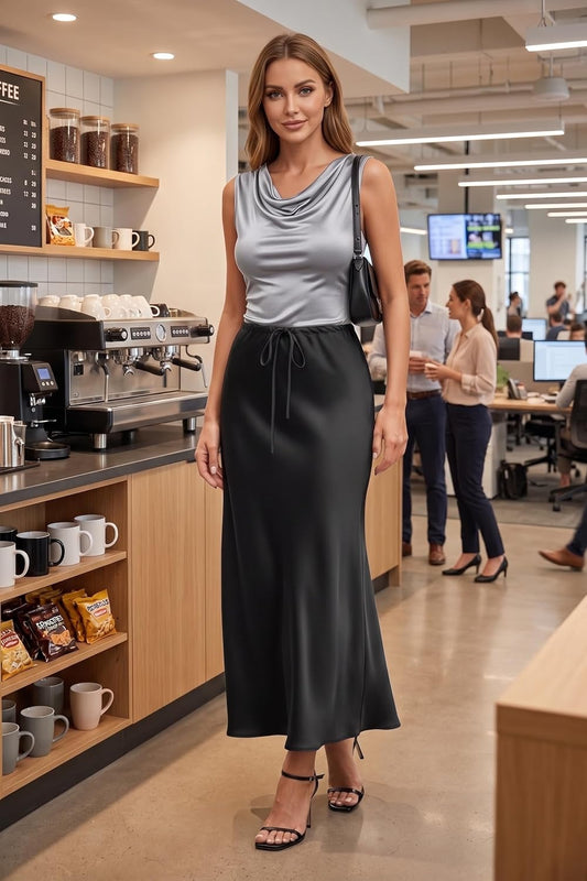 Women’s Silk Satin Skirts Long Maxi Drawstring A-Line Fall Elegant Cocktail Party Wedding Mermaid Midi Skirt