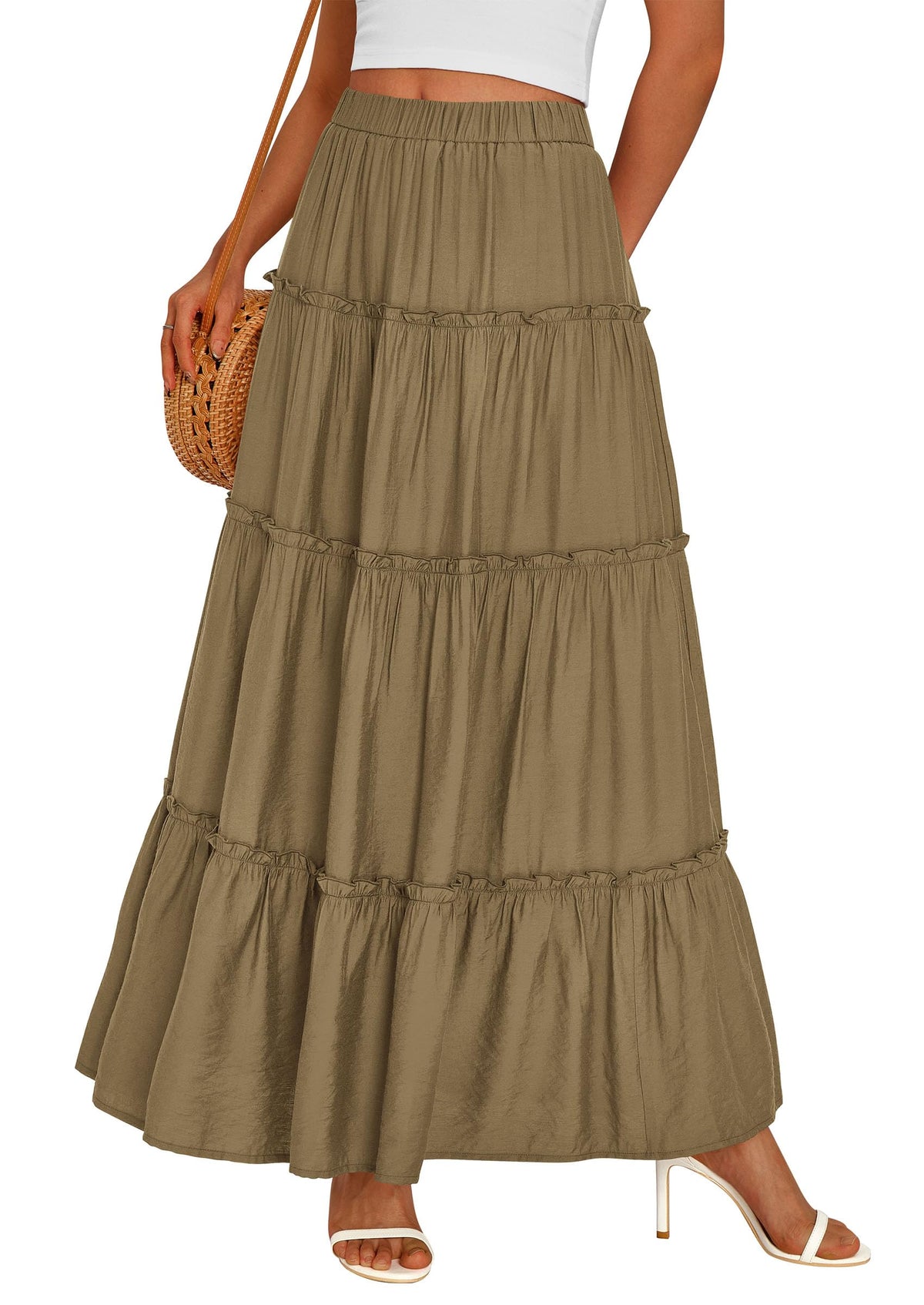 PRETTYGARDEN Women's Boho Tiered Ruffle Flowy Maxi Skirt