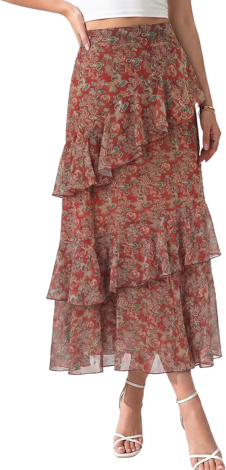 DERAX Women's Boho Floral Midi Skirt A Line Tiered Ruffle Long Skirts
