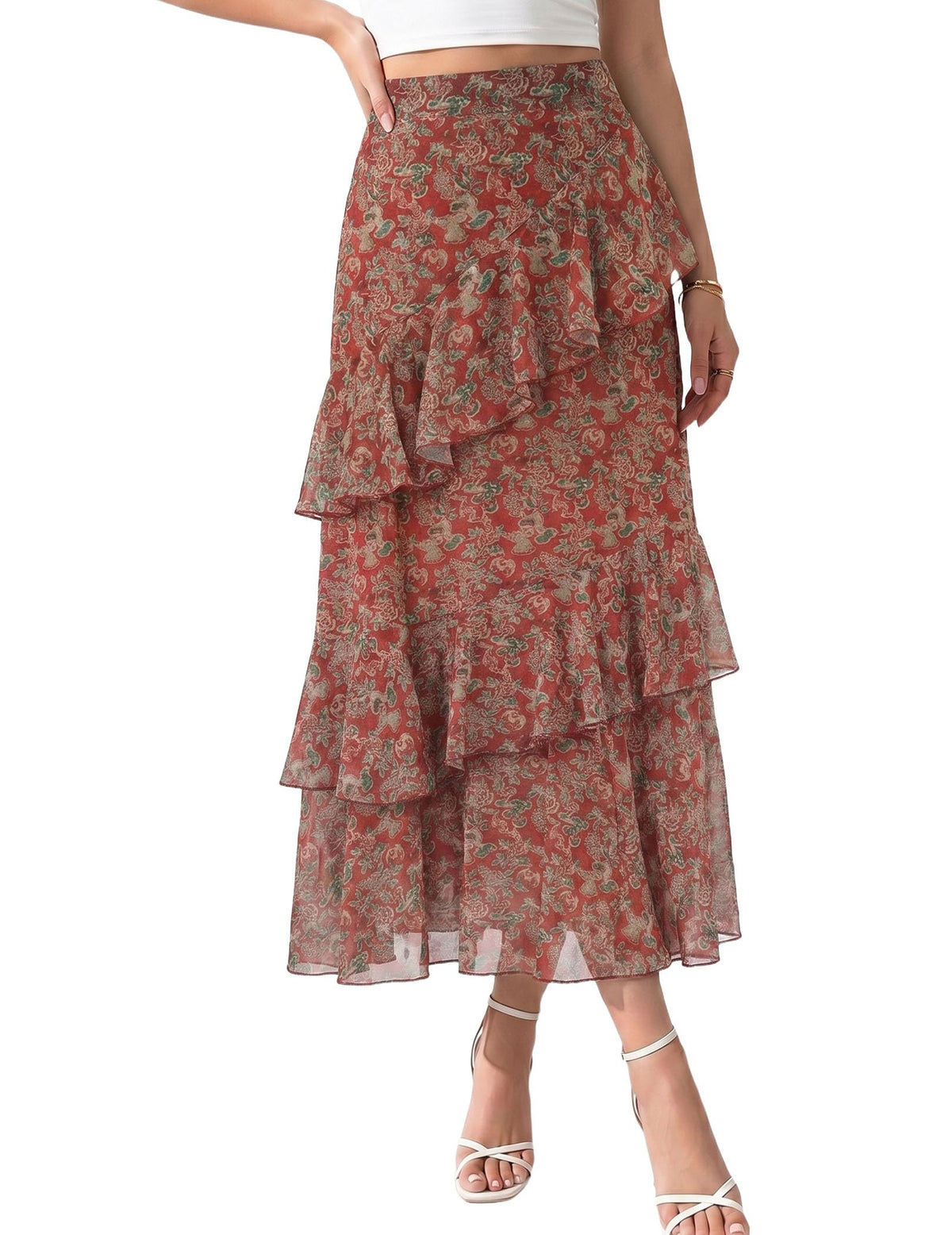 DERAX Women's Boho Floral Midi Skirt A Line Tiered Ruffle Long Skirts