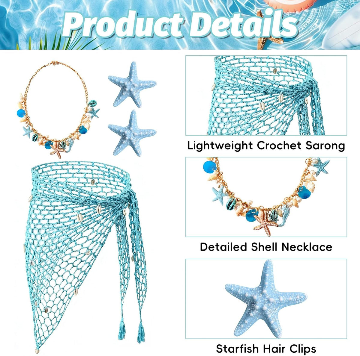 4 Pieces Mermaid Costume Accessories for Women, Beach Crochet Fishnet Skirt Sarong