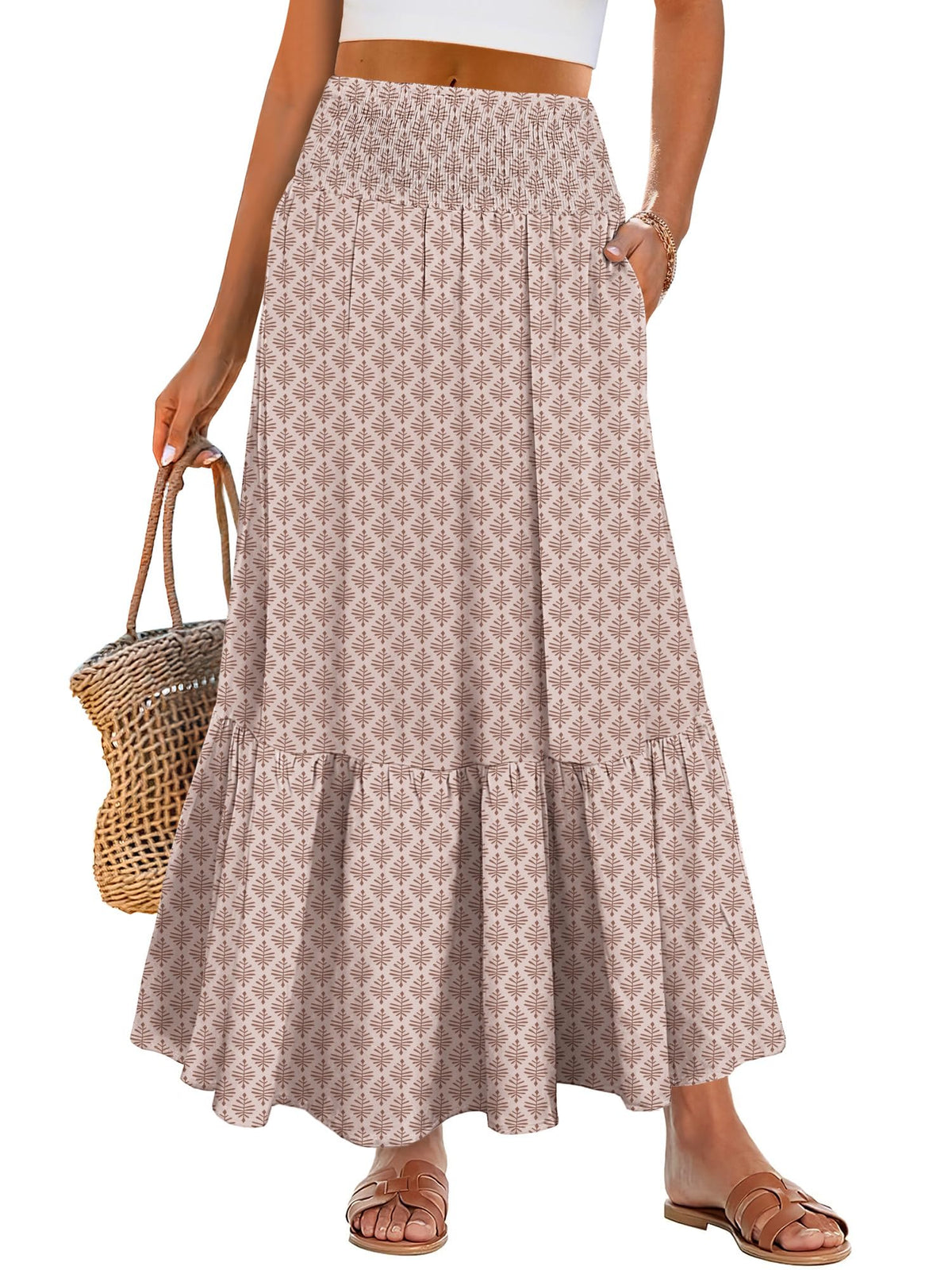 ANRABESS Women Boho Floral Maxi Skirts, High Waisted Tiered Skirt, Flowy Beach Skirts with Pockets for Vacation & Summer Wear