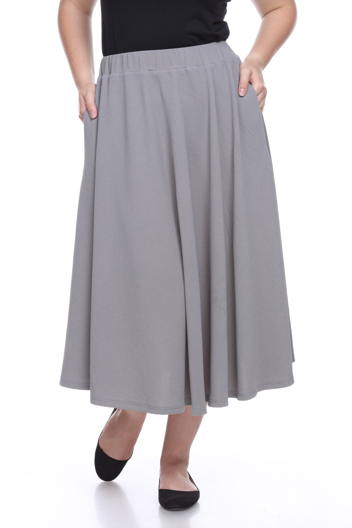 White Women's Plus Size Flared Midi Skirt with Pockets